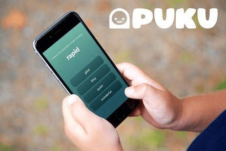 child holding iphone with puku on screen with puku logo in the corner
